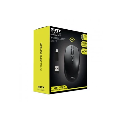 PORT DESIGNS Egér vezeték nélküli, silent, optikai, USB-C/USB, 800/1200/1600 dpi, 1,6 m, 1xAA, fekete