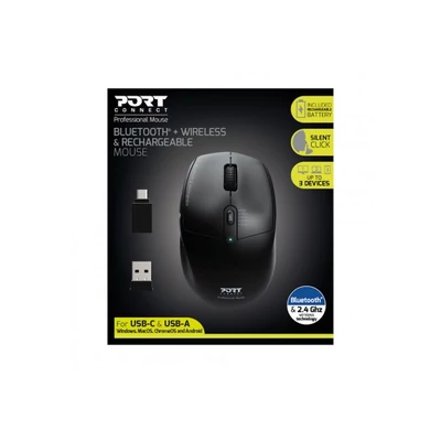 PORT DESIGNS Egér vezeték nélküli, újratölthető akkumulátor, USB-C/USB/BT 5.0, 800/1200/1600/2000/2400 dpi, 5 gomb, feke