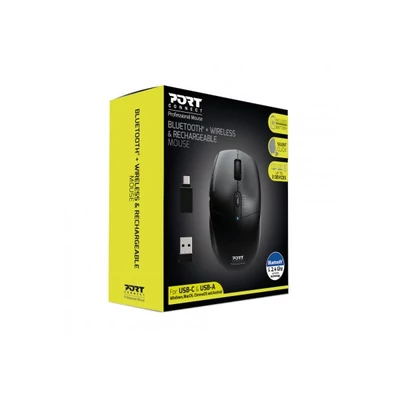 PORT DESIGNS Egér vezeték nélküli, újratölthető akkumulátor, USB-C/USB/BT 5.0, 800/1200/1600/2000/2400 dpi, 5 gomb, feke