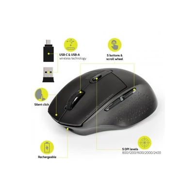 PORT DESIGNS Egér vezeték nélküli, újratölthető akkumulátor, USB-C/USB/BT 5.0, 800/1200/1600/2000/2400 dpi, 5 gomb, feke