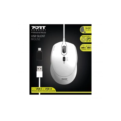 PORT DESIGNS Egér veztékes, silent, optikai, USB-C/USB, 1200/1600/2400 dpi, 1,6 m, fehér
