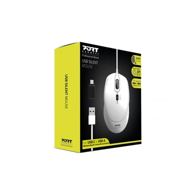 PORT DESIGNS Egér veztékes, silent, optikai, USB-C/USB, 1200/1600/2400 dpi, 1,6 m, fehér