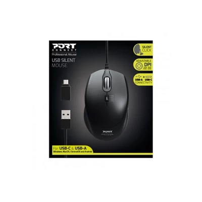 PORT DESIGNS Egér veztékes, silent, optikai, USB-C/USB, 1200/1600/2400 dpi, 1,6 m, fekete
