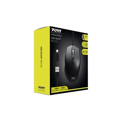 PORT DESIGNS Egér veztékes, silent, optikai, USB-C/USB, 1200/1600/2400 dpi, 1,6 m, fekete