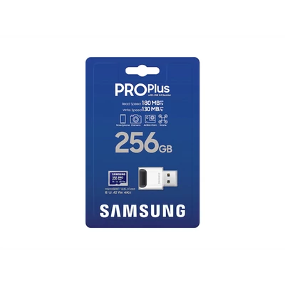 SAMSUNG Memóriakártya, PRO Plus + Reader microSDXC 256GB, CLASS 10, UHS-I, U3, V30, A2, R180/W130