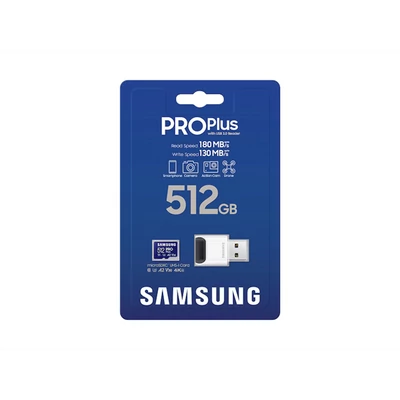 SAMSUNG Memóriakártya, PRO Plus + Reader microSDXC 512GB, CLASS 10, UHS-I, U3, V30, A2, R180/W130