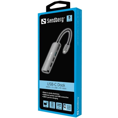 SANDBERG USB-C dokkoló, USB-C Dock HDMI+3xUSB+PD 100W